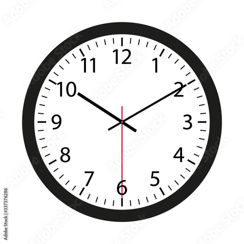 Wall clock with black frame and hands. Flat style vector illustration. Simple classic wall clock with arabic numbers with red second hand isolated on white background
