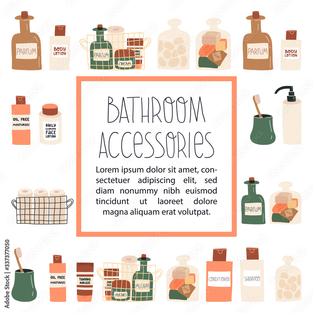 Bathroom and shower accessories and cosmetics for body and face skin care template with place for your text in the middle. Banner, sale flyer, poster. Hand drawn vector isolated illustration. 