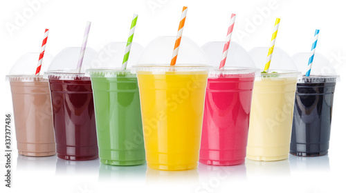 Juice collection of fruit smoothies fruits milkshake orange juices straw drinks in cups isolated on white