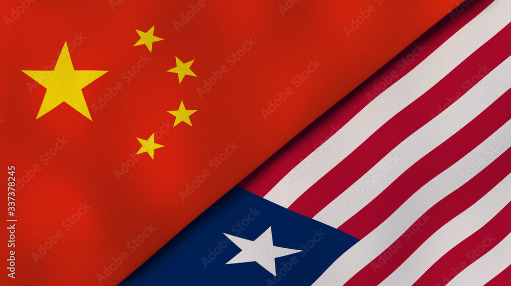 The flags of China and Liberia. News, reportage, business background. 3d illustration