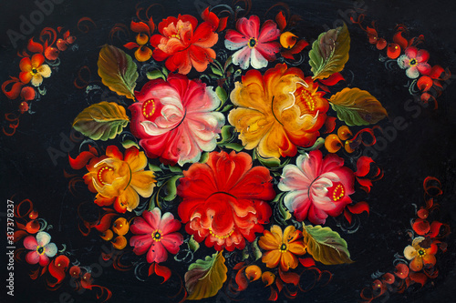 Zhostovo painting, old russian folk handicraft of painting on metal trays. Traditional bright colorful floral pattern on black background. photo