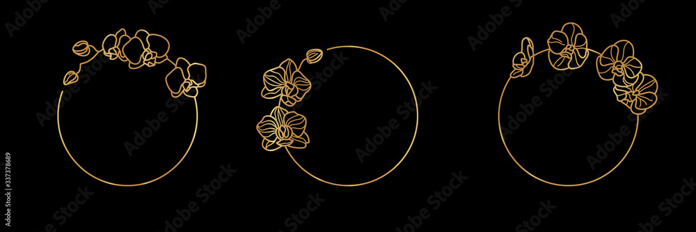 Set of Gold frame template Orchid Flower and monogram concept in minimal linear style. Vector floral logo - obrazy, fototapety, plakaty 