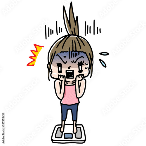 Illustration of a shocked woman riding a weight scale