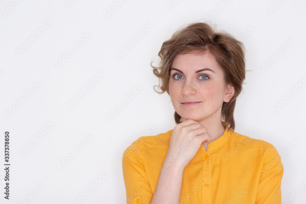 Close-up portrait of her she nice attractive lovely wavy-haired girl thinking creating new plan isolated over bright vivid shine white color background Close-up portrait of her she nice attractive lovely wavy-haired girl thinking creating new plan isolated over bright vivid shine white color background