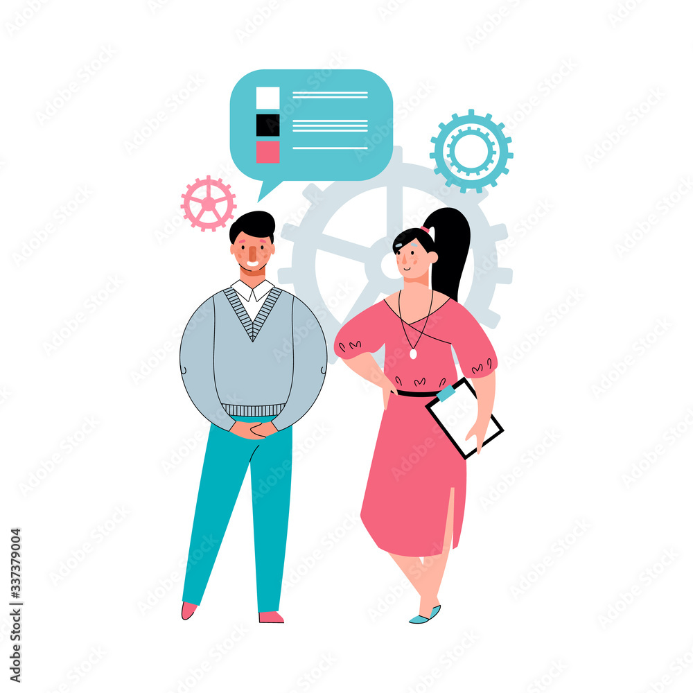 People talking at backdrop with wheel gear, sketch vector illustration isolated. People talking at backdrop with wheel gear, sketch vector illustration isolated.