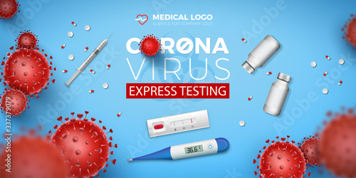 Coronavirus Express Testing banner. Covid-19 rapid test, 3d red virus cells and thermometer on blue background.