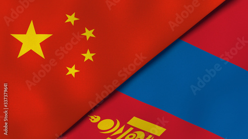 The flags of China and Mongolia. News, reportage, business background. 3d illustration photo