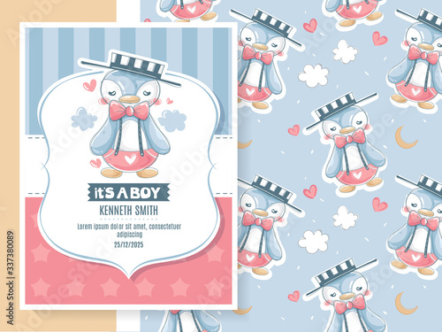 baby shower greeting card with cute penguin