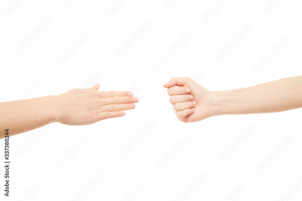 Two women arms, rock paper scissors, hand gesture Two women arms, rock paper scissors, hand gesture