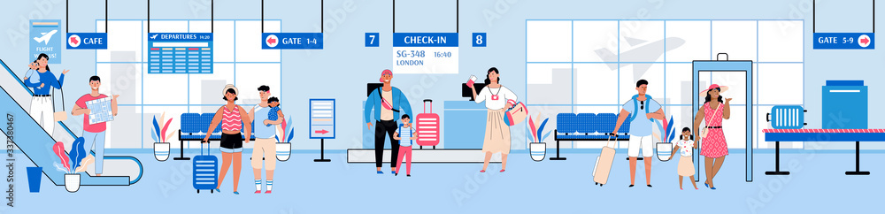 Airport departure area interior with passengers, cartoon vector illustration.