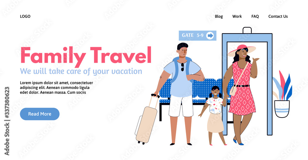 Family travel banner - tourists traveling with kids cartoon vector illustration.