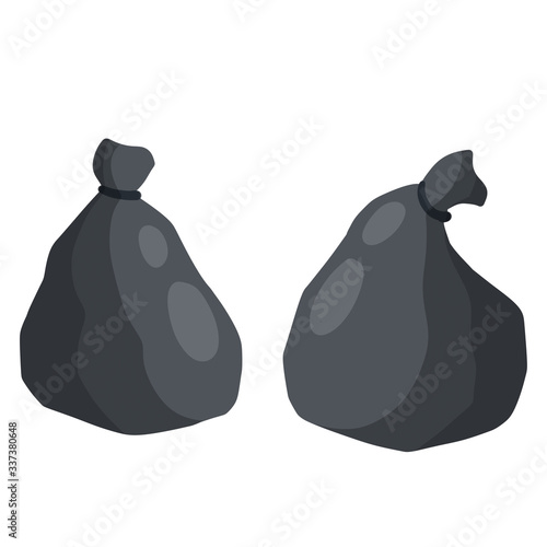 Black trash bag and trash. set of objects. Cartoon flat illustration. Plastic packaging. Processing of wastes. problem of ecology and junk