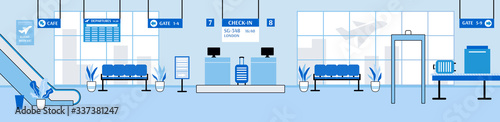 Airport interior with check-in counter and gate, cartoon vector illustration.