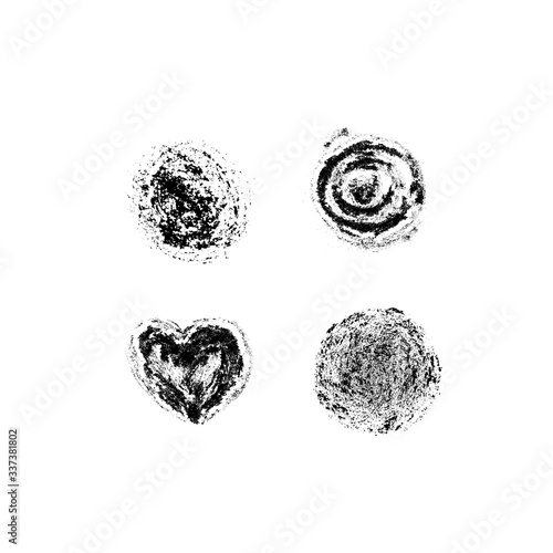 Vector illustration, hand drawn isolated elements set: stain, heart. Grunge brush and pencil (chalk or charcoal) texture. Black silhouettes, tracing on white background.
