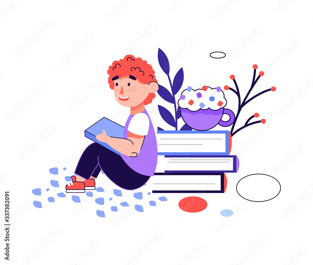 Child reading leaning on stack of books, cartoon vector illustration isolated. Child reading leaning on stack of books, cartoon vector illustration isolated.