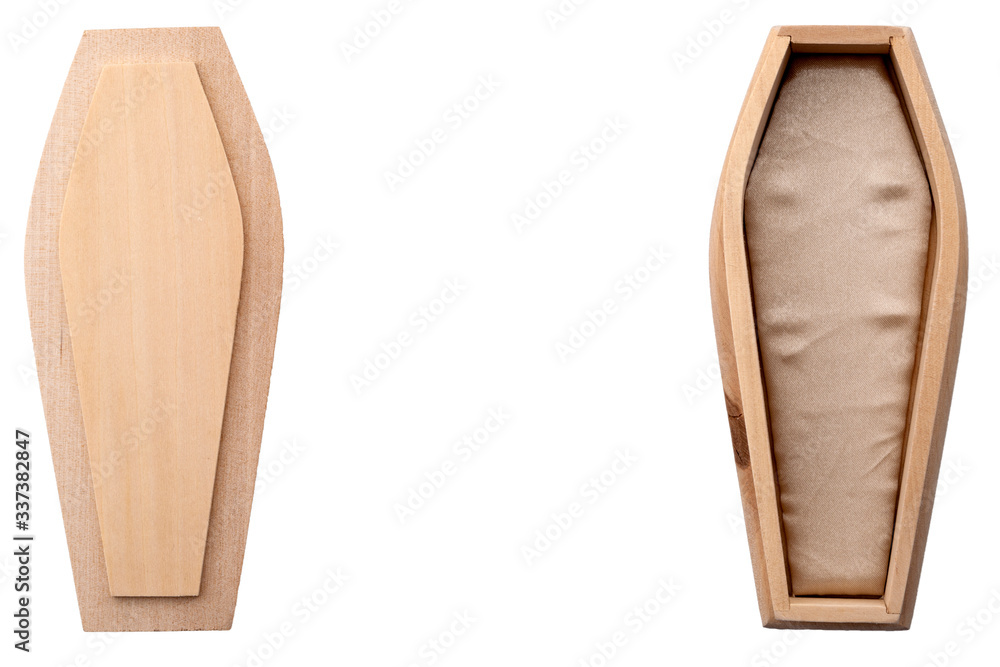Sadness and grief, simple funeral and halloween vampire ornament concept with basic wood coffin isolated on white background with clipping path cutout and copy space