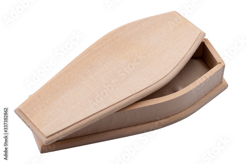 Sadness and grief, simple funeral and halloween vampire ornament concept with basic wood coffin isolated on white background with clipping path cutout