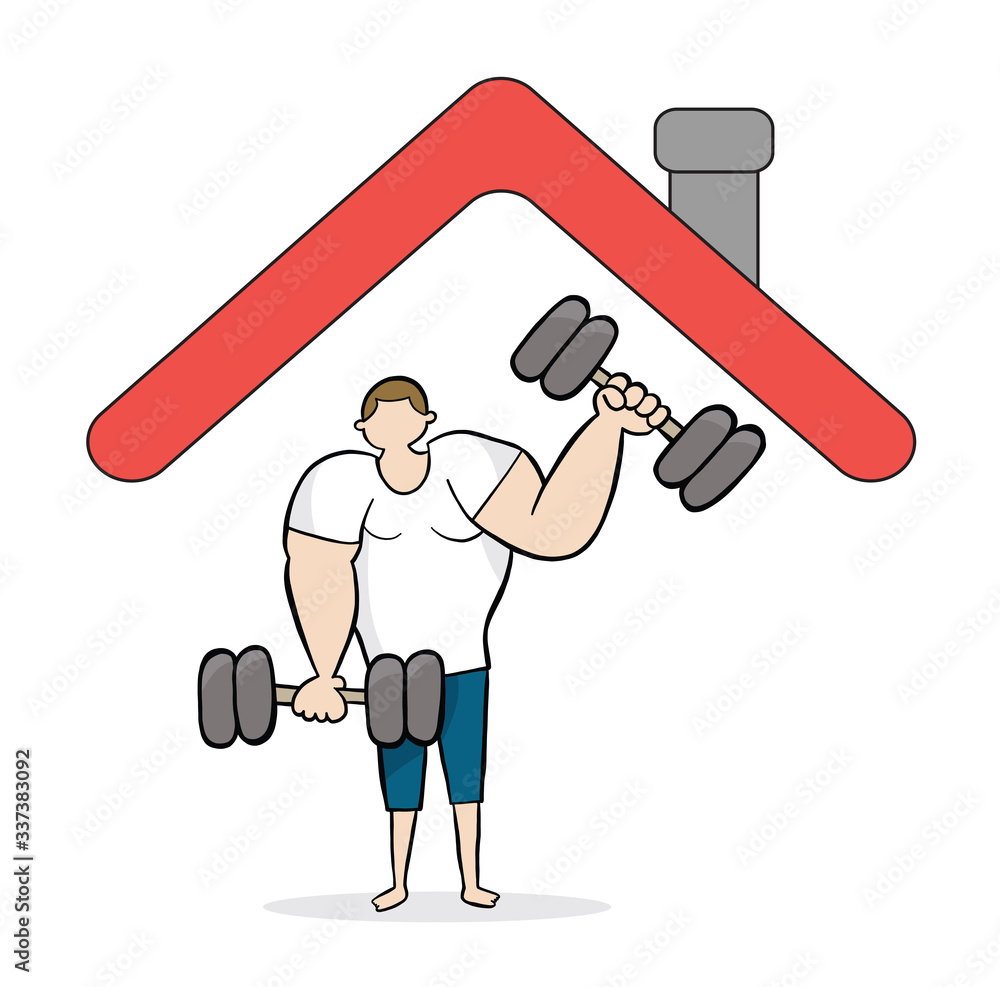 Strong man stays at home and sports at home, lifting dumbbells. Black outlines, colored. Strong man stays at home and sports at home, lifting dumbbells. Black outlines, colored.