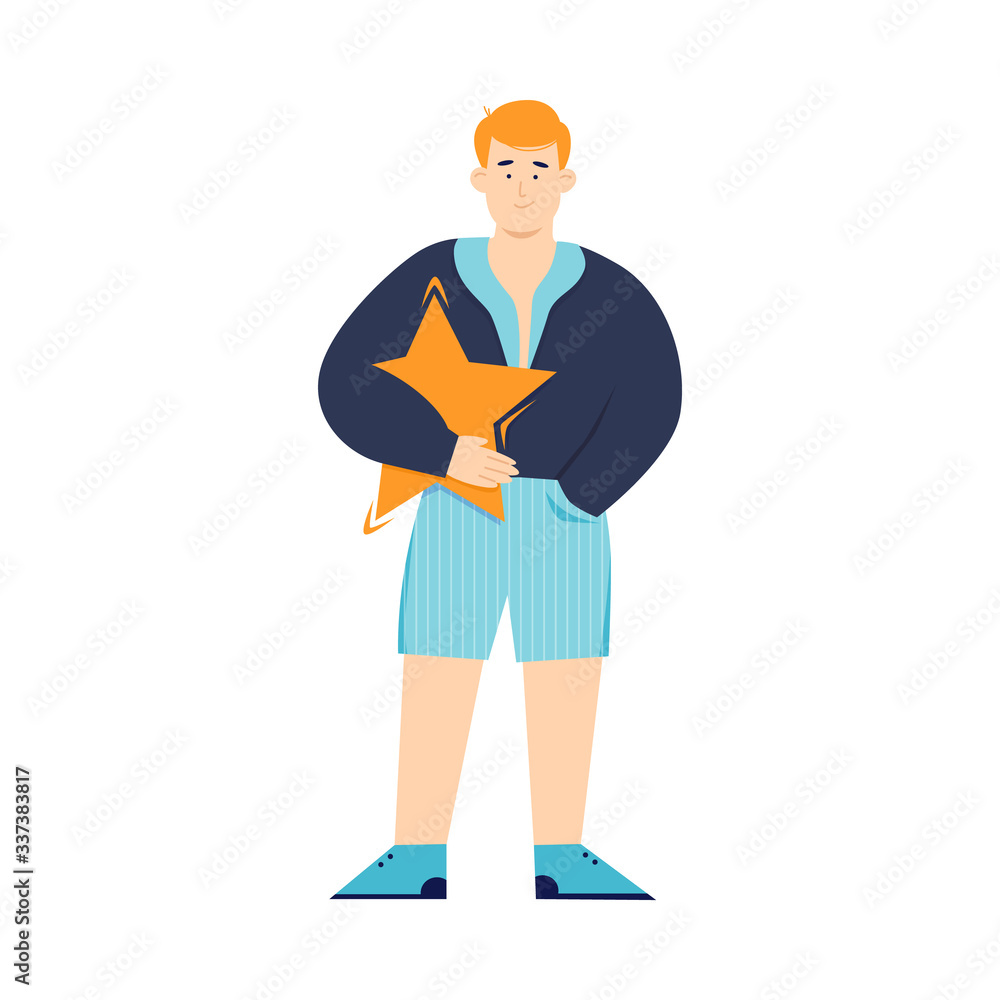 Positive feedback - man holds rating star, sketch vector illustration isolated. Positive feedback - man holds rating star, sketch vector illustration isolated.