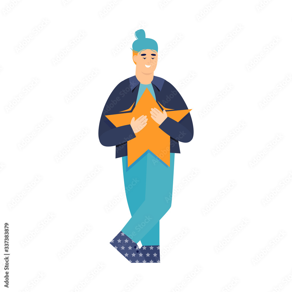 Happy man holding a review star - customer satisfaction symbol Happy man holding a review star - customer satisfaction symbol