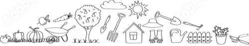 Garden symbols for website design in doodle style. The art line for children's coloring is drawn from black outlines.