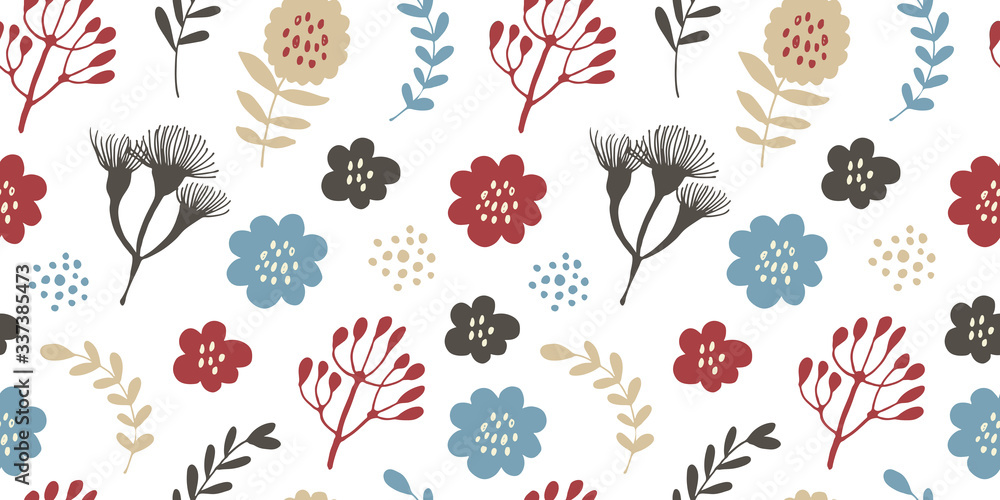 Flowers and branches seamless pattern, hand drawn vector floral background with flowers, leafs, branches