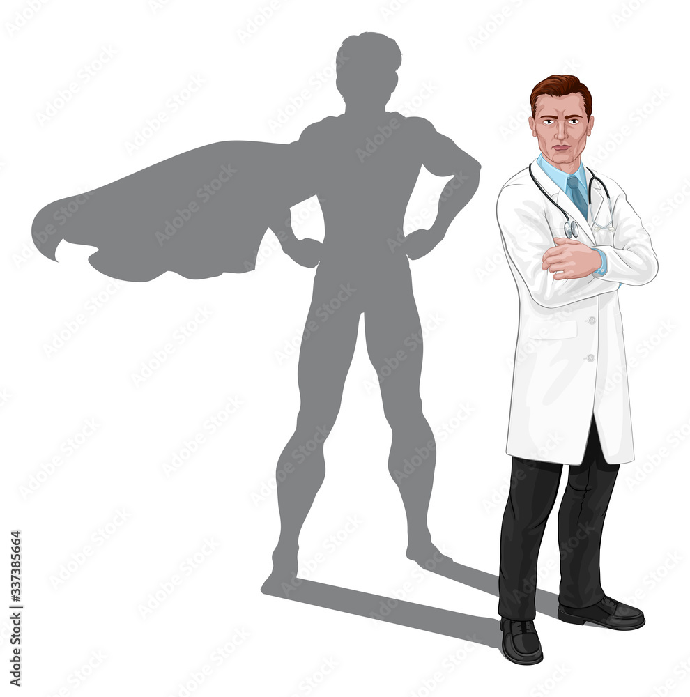 A doctor with a superhero shadow. Super hero medical professional healthcare worker concept. A doctor with a superhero shadow. Super hero medical professional healthcare worker concept.