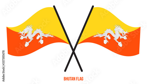 Two Crossed Waving Bhutan Flag On Isolated White Background. Bhutan Flag Vector Illustration