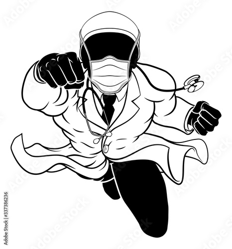 Super hero doctor silhouette concept. A medical healthcare professional as a superhero flying through the air. Wearing protective face mask.
