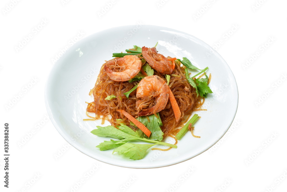 baked glass noodles with slice carrot and celery topping shrimp on plate baked glass noodles with slice carrot and celery topping shrimp on plate