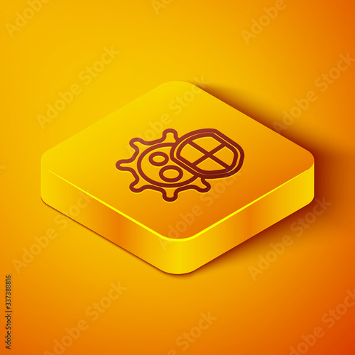 Isometric line Shield protecting from virus, germs and bacteria icon isolated on orange background. Immune system concept. Corona virus 2019-nCoV. Yellow square button. Vector Illustration