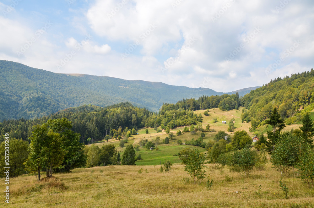 Rural old wooden houses on the edge of a forest on hills and grassy meadow in the Carpathian mountains in Ukraine. Beauty of nature concept background.