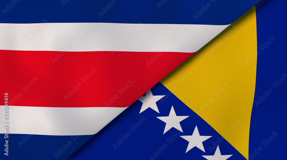The flags of Costa Rica and Bosnia and Herzegovina. News, reportage, business background. 3d illustration - obrazy, fototapety, plakaty 