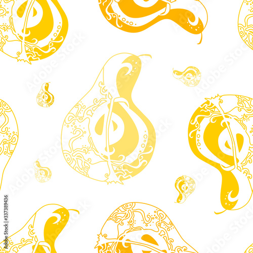 Seamless pattern with small and big yellow cut pear on white background. Illustration for wedding, invitations, paper, textile design.