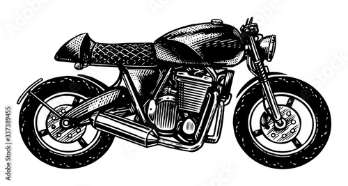 Motorcycle or Bike, retro motor bicycle for tattoos or t shirts. Hand drawn engraved monochrome sketch for labels or posters cafe racer.