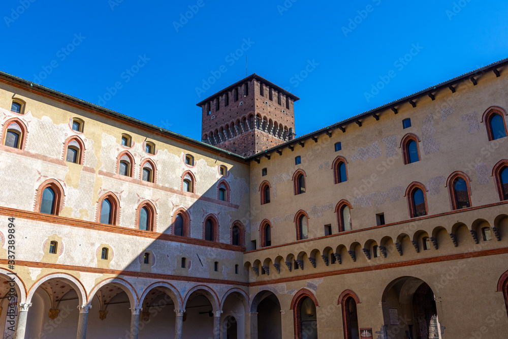 Italy, Milan, 13 February 2020, Sforzesco castle, view and detail, interior