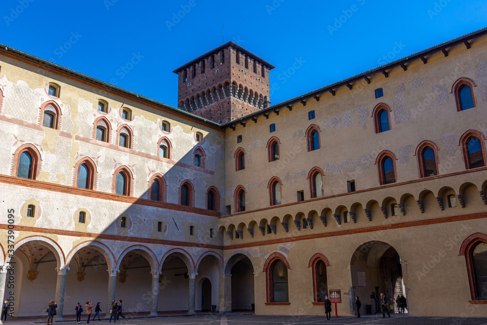 Italy, Milan, 13 February 2020, Sforzesco castle, view and detail, interior