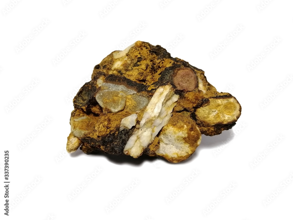 Ferricrete conglomerate stone on white background. There is noise and grain caused by the texture of stone. Iron ore on conglomerate stone. Ferricrete conglomerate stone on white background. There is noise and grain caused by the texture of stone. Iron ore on conglomerate stone.