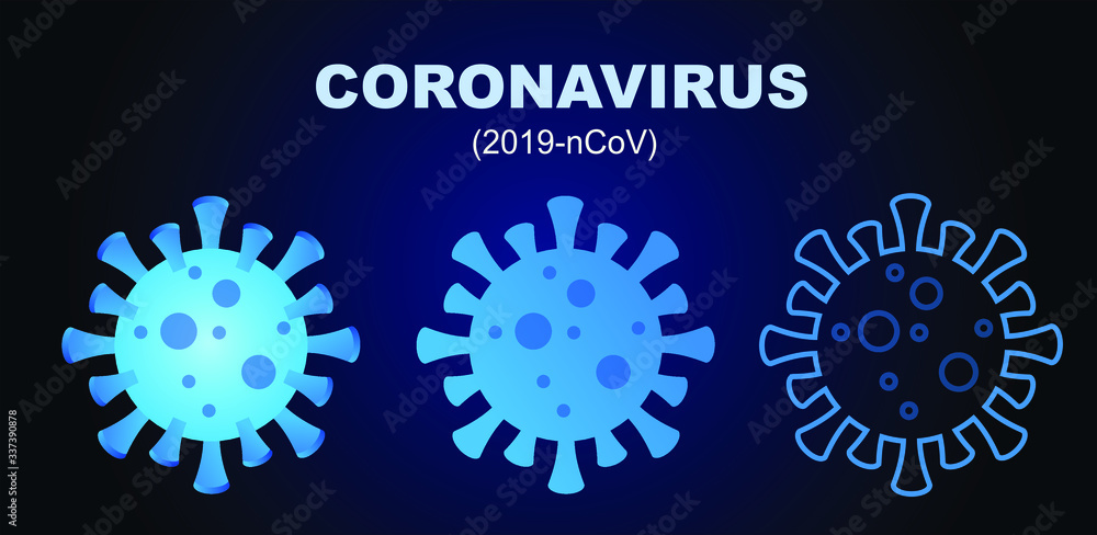 Coronavirus 2019-nCov novel coronavirus  blue vector illustration in three differents style. Dangerous asian ncov corona virus, SARS pandemic risk.