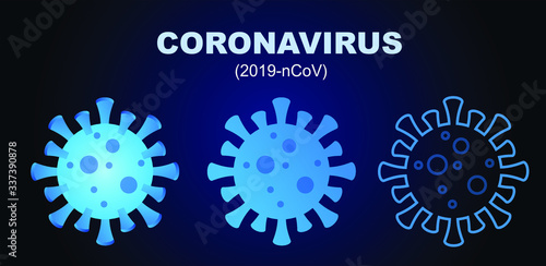 Coronavirus 2019-nCov novel coronavirus  blue vector illustration in three differents style. Dangerous asian ncov corona virus, SARS pandemic risk.