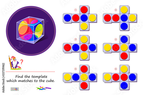 Logic puzzle game for children and adults. Need to find the template which matches to the glass cube. Printable page for brain teaser book. Developing spatial thinking skills. Vector cartoon image.