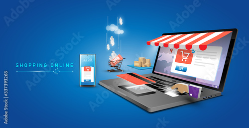 Shopping Online on Computer laptop Mobile Application Vector. Concept Marketing and Digital marketing