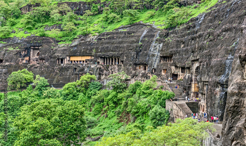 Panoramic view of Ajanta caves near Aurangabad, Maharashtra state in India. amazing site of ancient buddhist temples, carved in the rock as large caves. Started 2nd century BC. UNESCO World Heritage photo