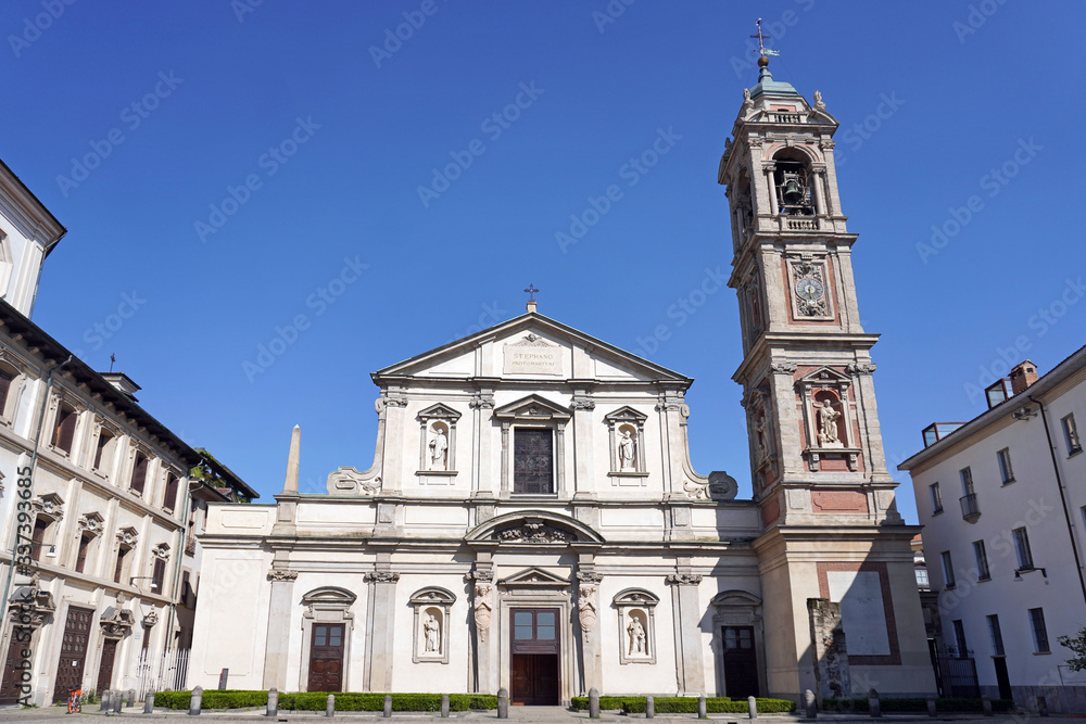  Italy , Milan - Basilic of Santo Stefano catholic church  in Downtown of the city empty of people during n-cov19 Coronavirus outbreak epidemic quarantine home, closed religious ceremony
