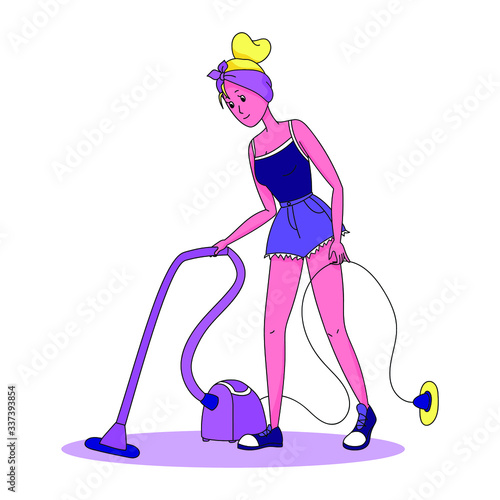 Beautiful young woman cleaning up at home. Housewife use vacuum cleaner to clean a house. housekeeper or maid doing housework. Cartoon style. Stock isolated vector illustration on white.