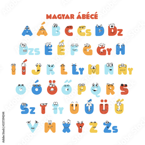 Magyar, Hungarian colorful Alphabet poster for kids education with doodle hand drawn monster characters. Use for education in kindergarten, preschool, school, lesson. print for poster, banner, flyer