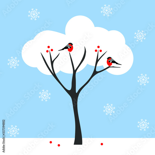 vector illustration of a winter tree with bullfinches