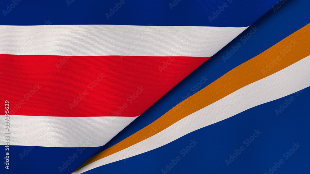 The flags of Costa Rica and Marshall Islands. News, reportage, business background. 3d illustration