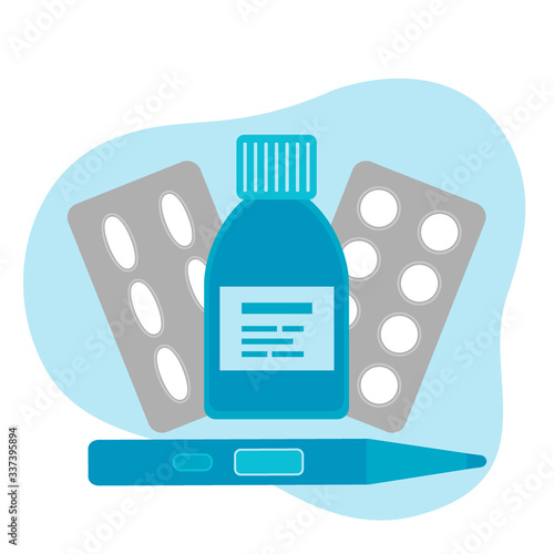 Medical drugs, pills, tablets, capsules, medicament, cure. Pharmaceutical antibiotic, probiotic, vitamin, tube, thermometer. Pharmacy, medicine, healthcare. Vector flat illustration