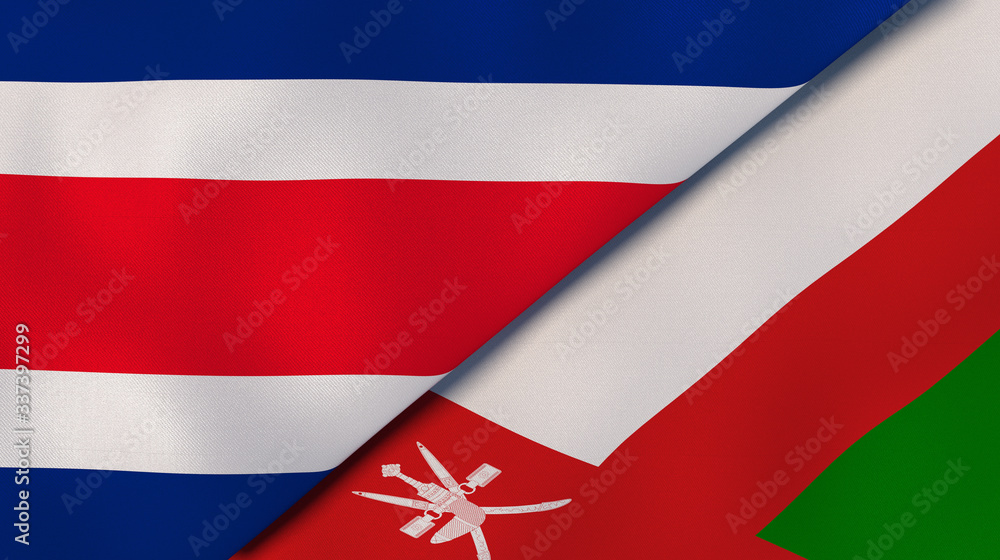 The flags of Costa Rica and Oman. News, reportage, business background. 3d illustration The flags of Costa Rica and Oman. News, reportage, business background. 3d illustration